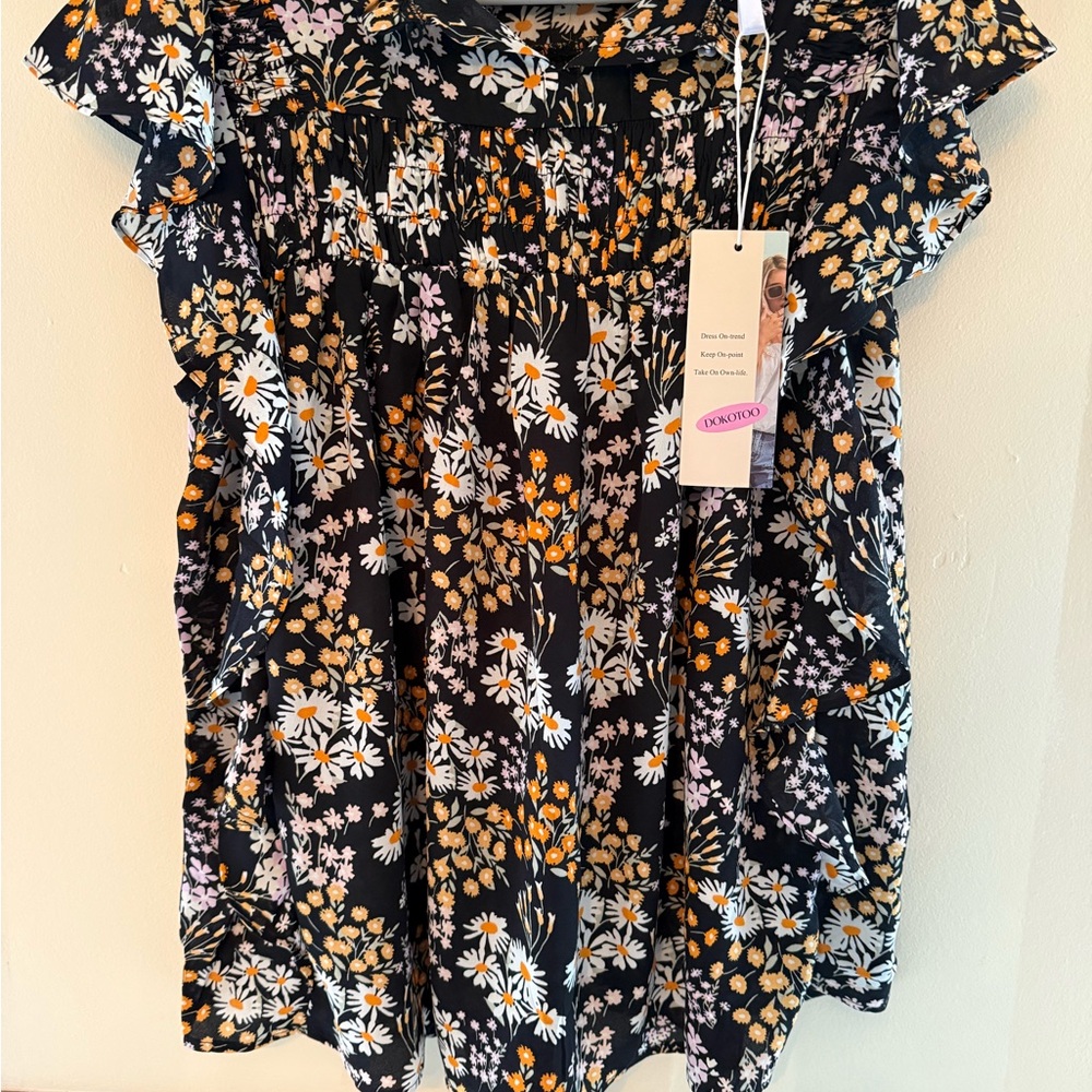Floral Ruffle Sleeve Top - Black and Orange